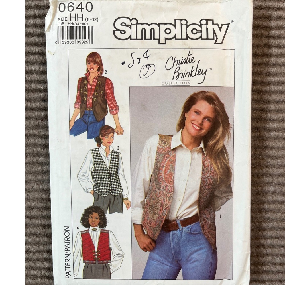 Simplicity 0640 Christie Brinkley Misses Lined Vests Sewing Pattern Size 6-12